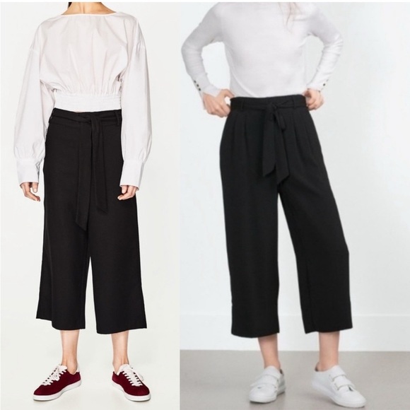 Zara TRAFALUC Black Wide Legged Tie Waist High Rise Cropped Pants Size XL - Picture 1 of 5